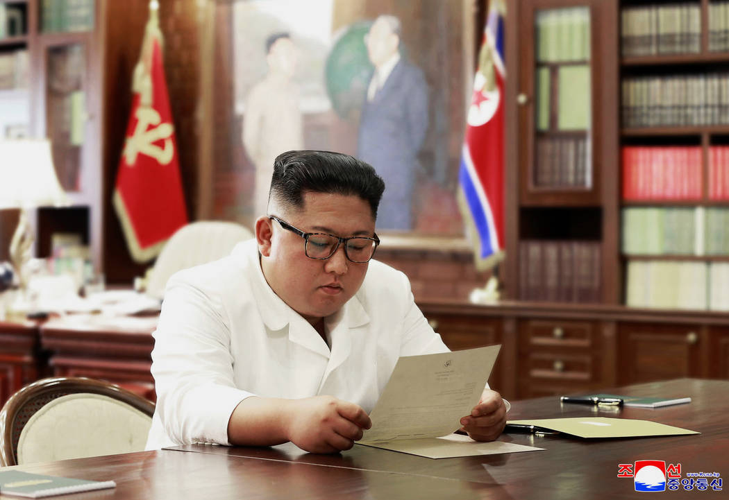 In this undated file photo provided on Sunday, June 23, 2019, by the North Korean government, N ...