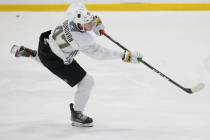 Vegas Golden Knights Ryder Donovan (47) takes a shot during development camp at City National A ...