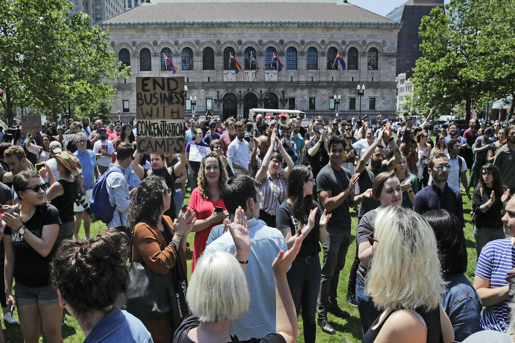 Wayfair employees and supporters rally at Copley Square in Boston, Wednesday, June 26, 2019. Em ...
