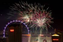 A fireworks show goes off from the Julius Tower at Caesars Palace on The Strip to kick off a we ...