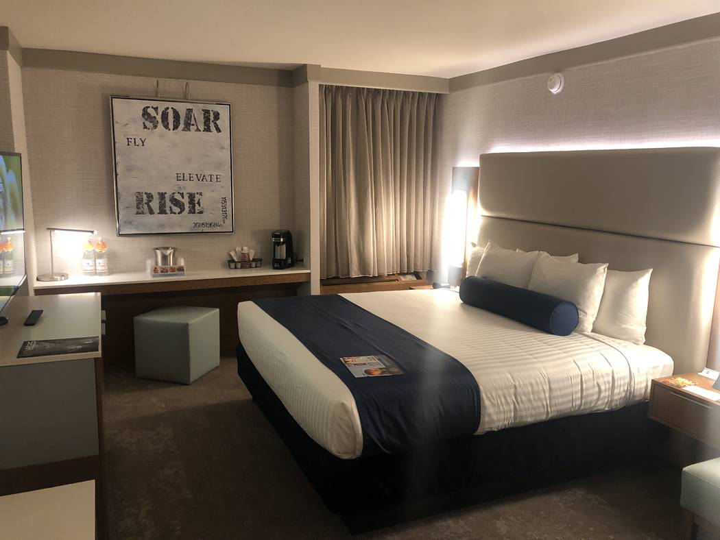 A post-renovation guest room at the Strat is shown on Tuesday, June 25, 2019 (John Katsilometes ...