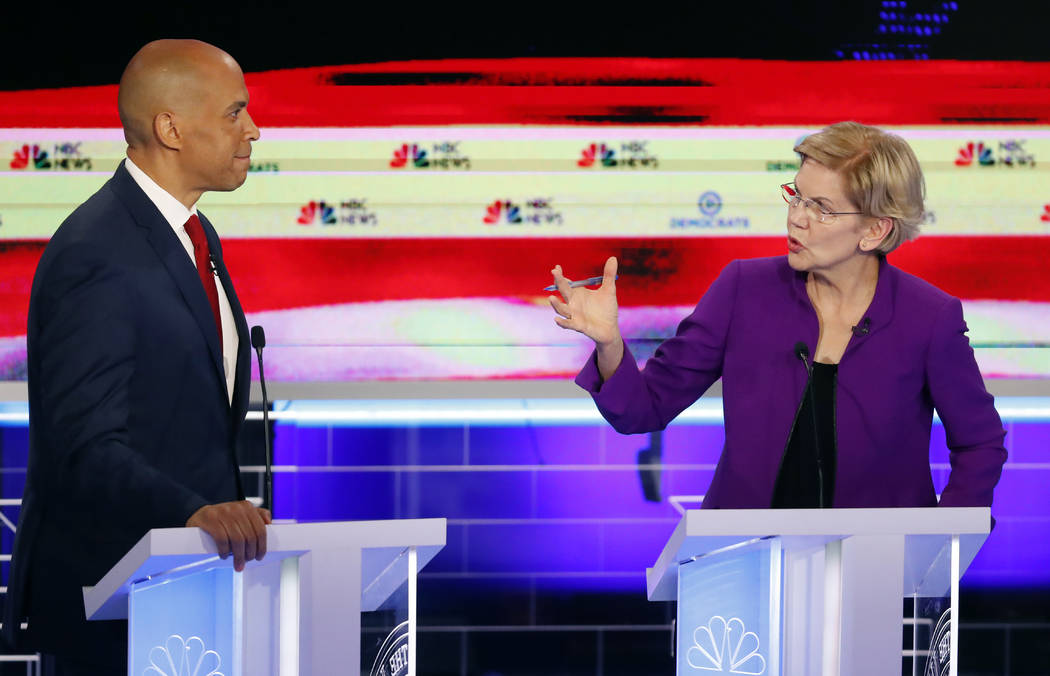 Democratic presidential candidate Sen. Elizabeth Warren, D-Mass., gestures toward New Jersey Se ...