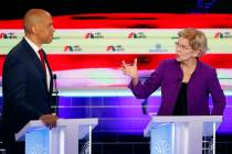 Democratic presidential candidate Sen. Elizabeth Warren, D-Mass., gestures towards New Jersey S ...
