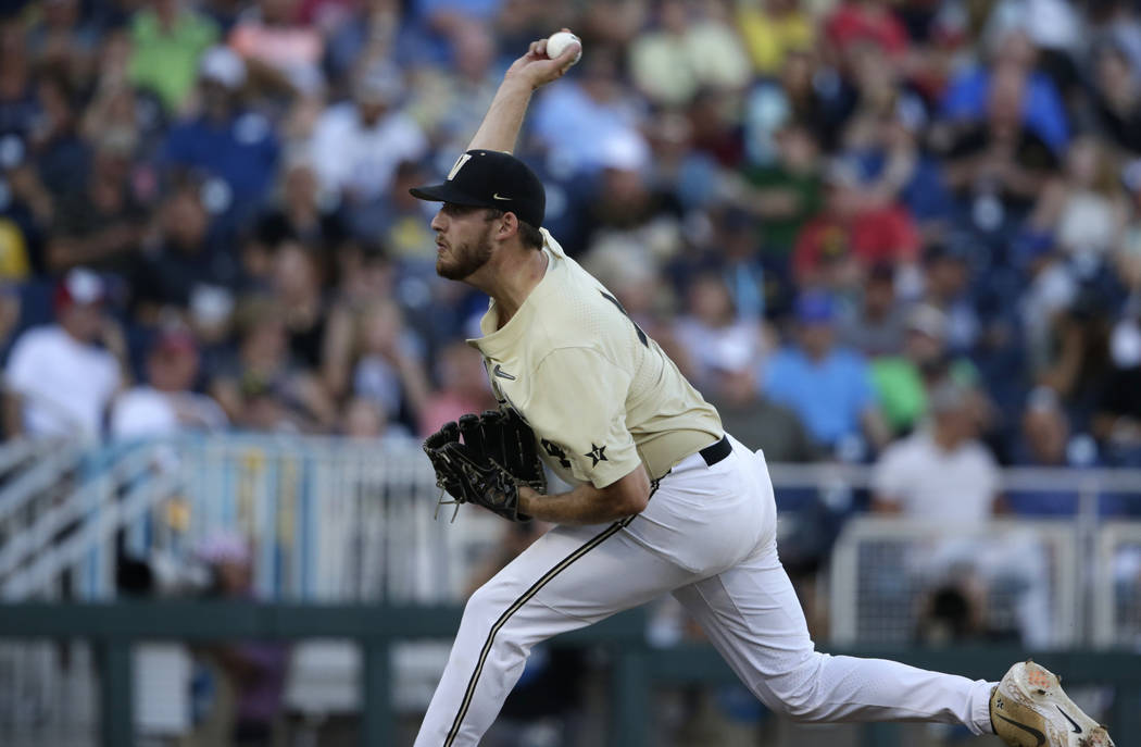 Vanderbilt pitcher Mason Hickman (44) prepares to throw against Michigan during the fourth inni ...