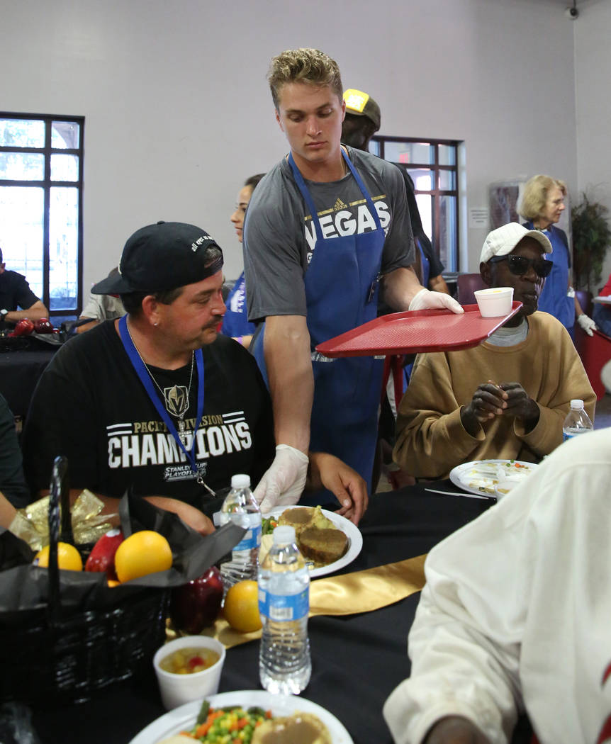 Vegas Golden Knights Development Camp participant, Mitchell Chaffee of Rockford, Mich., serves ...