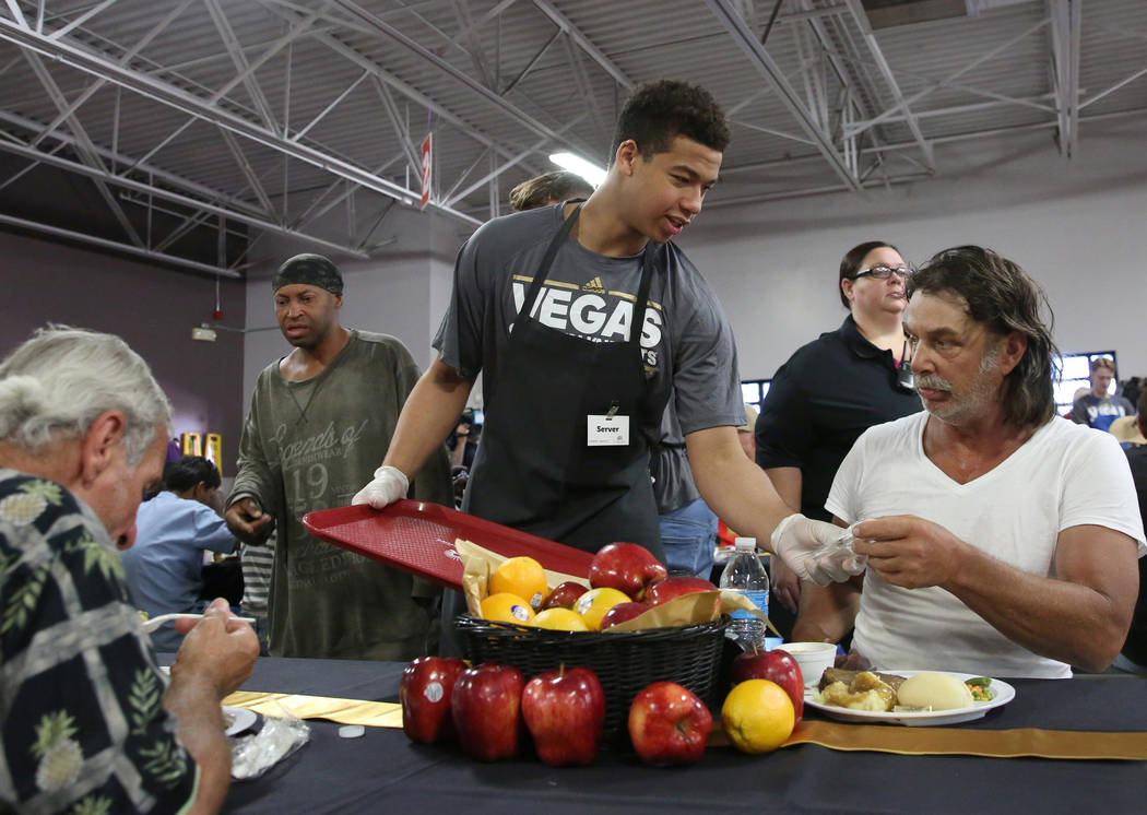 Vegas Golden Knights Development Camp participant, Isaiah Saville of Anchorage, Alaska, serves ...