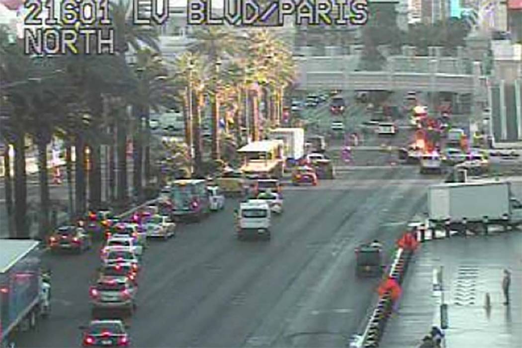 Four vehicles were involved in an early morning crash on the Las Vegas Strip at Flamingo Road, ...