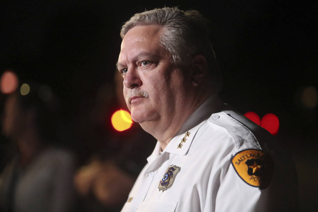 Salt Lake City Assistant Police Chief Tim Doubt speaks to the media as Salt Lake City Police se ...