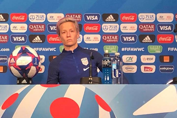 U.S. women’s national team soccer player Megan Rapinoe speaks at a news conference on Th ...