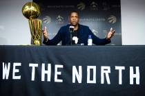 Toronto Raptors NBA basketball team president Masai Ujiri speaks to the media during an end-of- ...