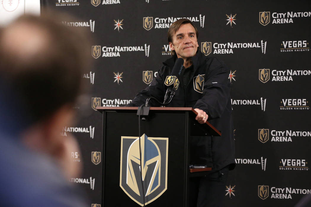 Vegas Golden Knights General Manager George McPhee speaks during a news conference at City Nati ...