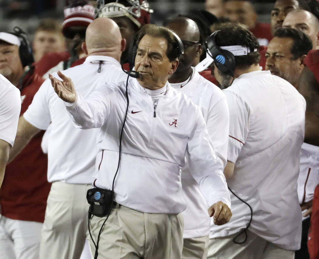 Alabama head coach Nick Saban reacts during the first half the NCAA college football playoff ch ...