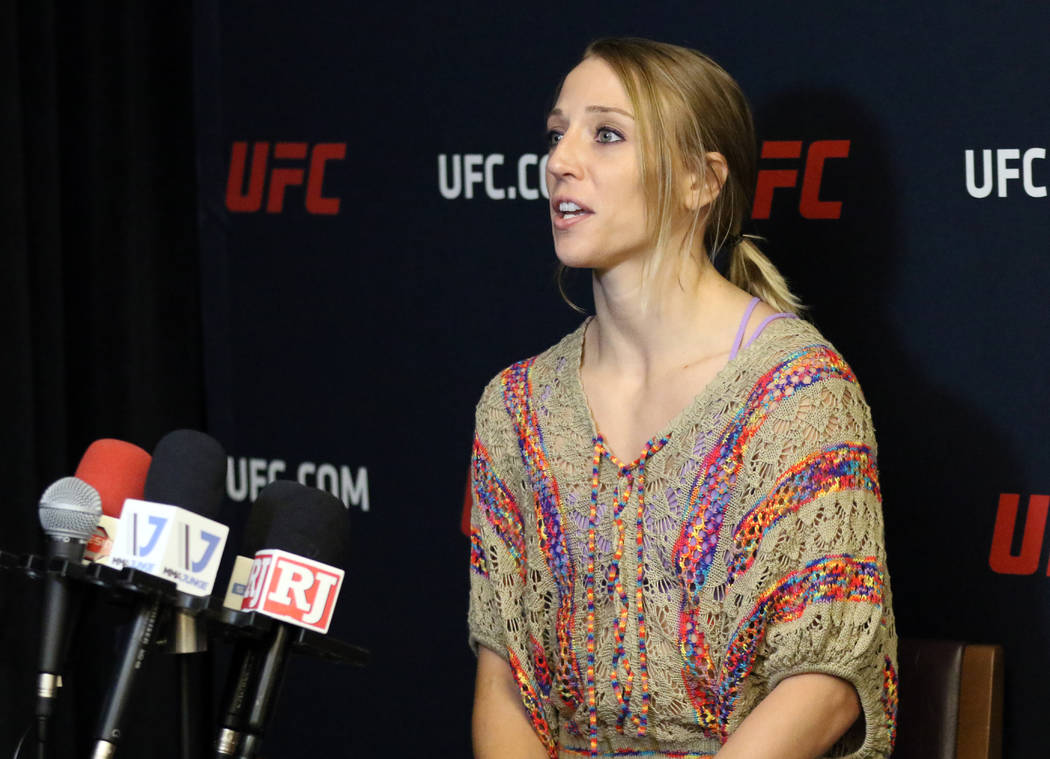 UFC strawweight Emily Whitmire answers questions during a media scrum at the UFC Performance In ...