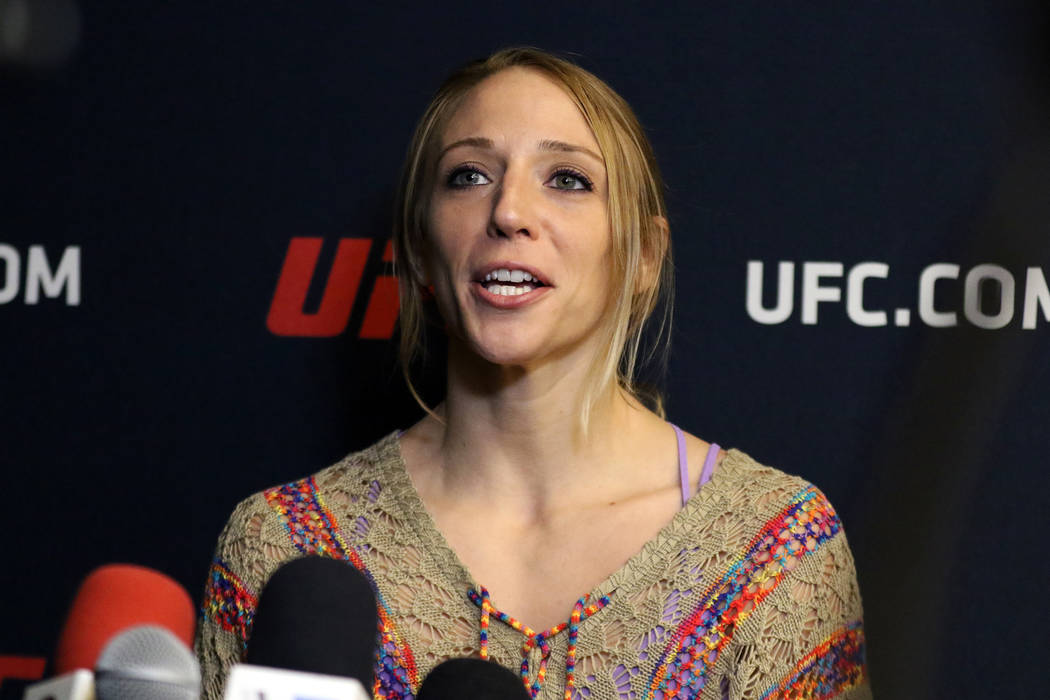UFC strawweight Emily Whitmire responds to questions during a media scrum at the UFC Performanc ...