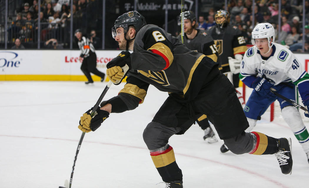 Vegas Golden Knights defenseman Colin Miller (6) passes the puck down the ice during the second ...