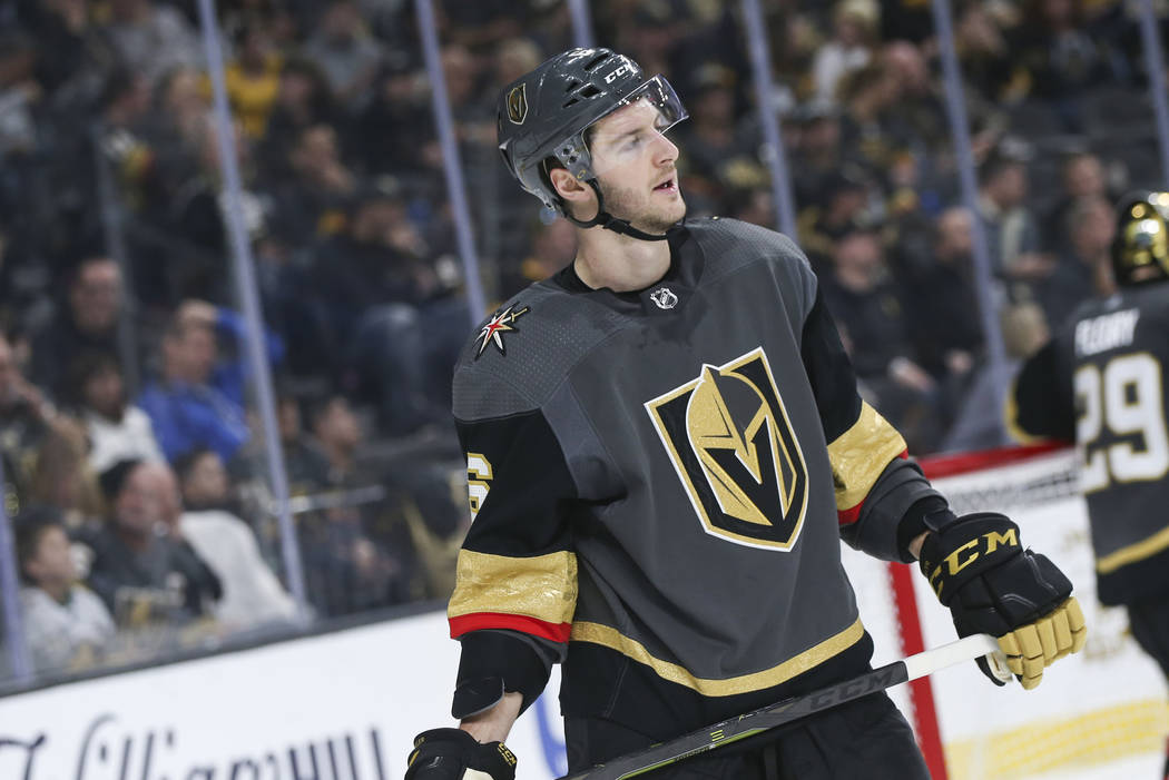 Golden Knights defenseman Colin Miller (6) looks on during the second period of an NHL hockey g ...