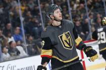 Golden Knights defenseman Colin Miller (6) looks on during the second period of an NHL hockey g ...