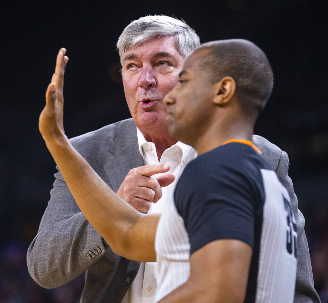 Las Vegas Aces head coach Bill Laimbeer is displeased with a missed call by the officials durin ...