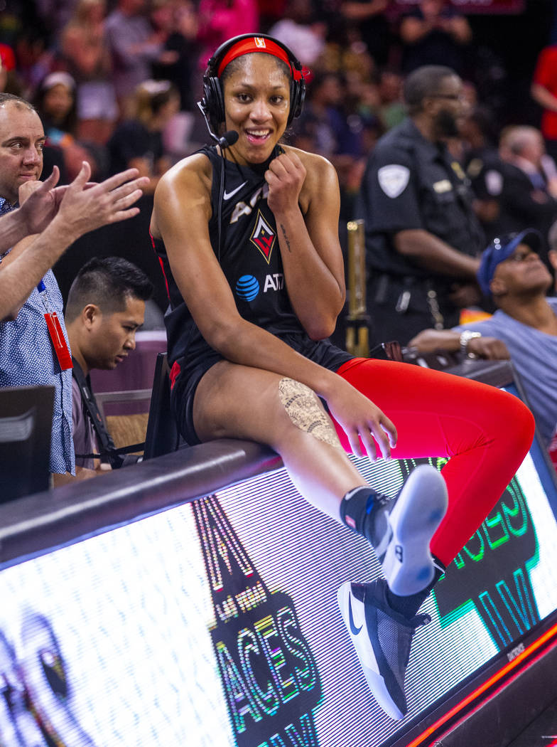 Las Vegas Aces forward A'ja Wilson (22) enjoys an interview after their overtime win versus th ...
