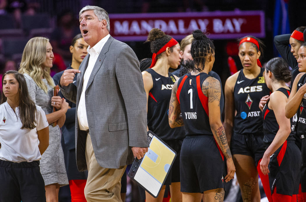 Las Vegas Aces head coach Bill Laimbeer tells officials his team should have the ball versus th ...