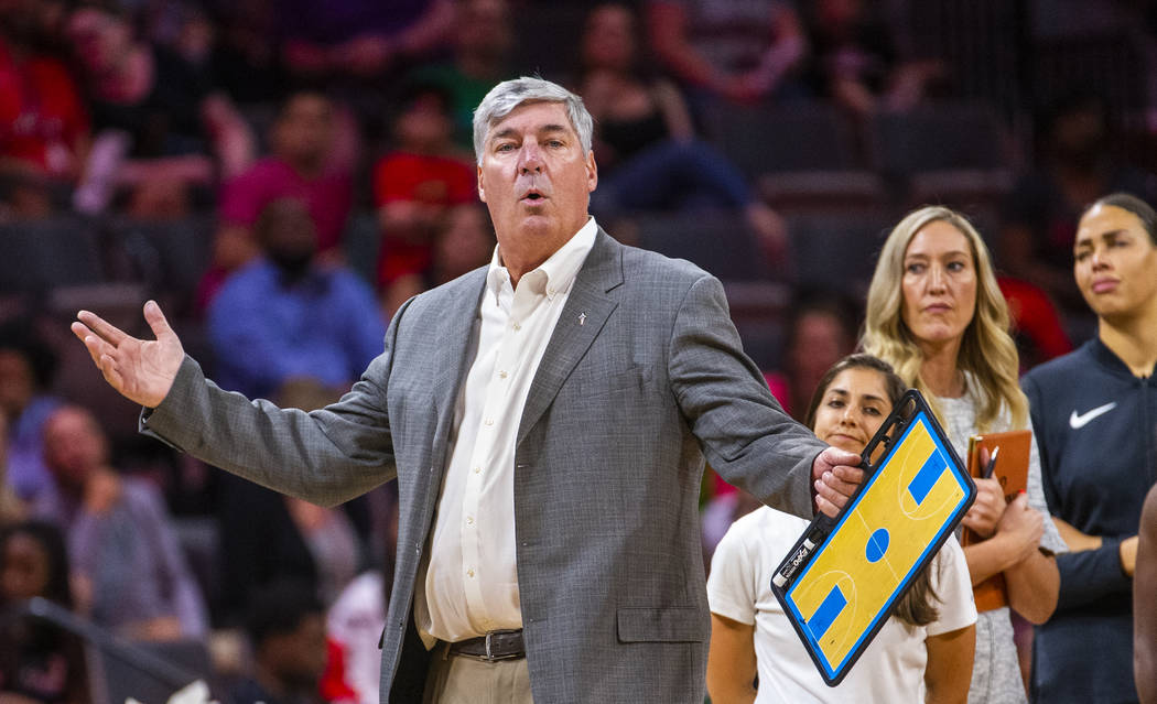 Las Vegas Aces head coach Bill Laimbeer is surprised that officials gave away the ball possessi ...