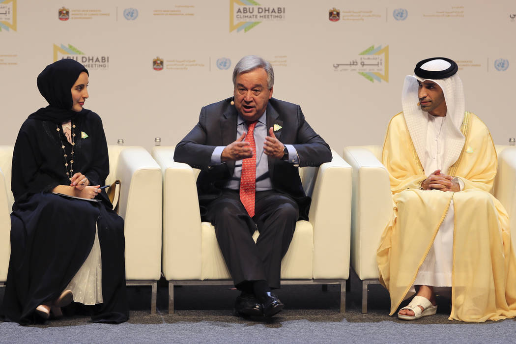 United Nations Secretary General Antonio Guterres, center, talks to the audience as the UAE You ...