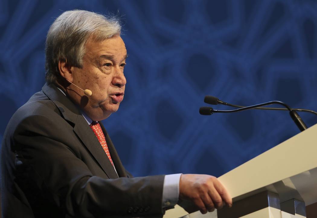 United Nations Secretary General Antonio Guterres, talks to the audience at the opening ceremon ...