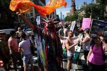 Marchers participate in the Queer Liberation March in New York, Sunday, June 30, 2019. (AP Phot ...