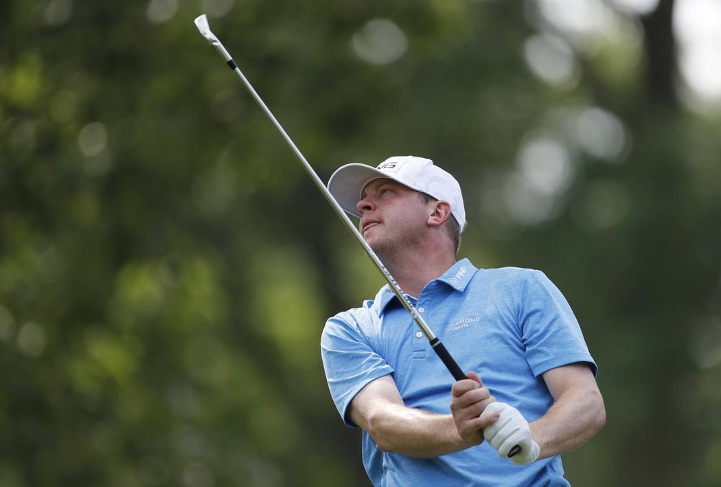 Nate Lashley drives from the ninth tee during the final round of the Rocket Mortgage Classic go ...