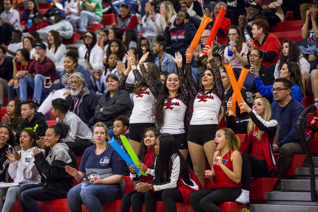 Liberty fans cheer after a point during a game against Coronado at Liberty High School on Tu ...