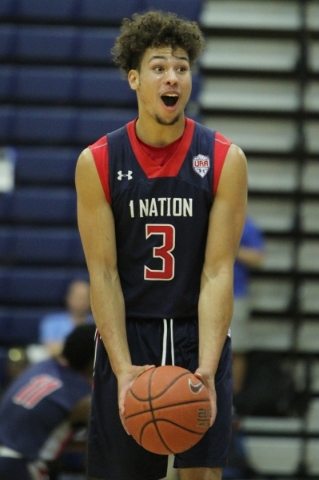 1Nation‘s Devon Daniels (3) reacts to a play against BTI Select in the U17 Las Vegas F ...