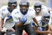 Desert Pines‘ Isaiah Morris performs drills during practice at Desert Pines High Schoo ...