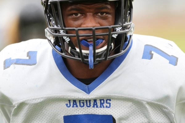 Desert Pines Isaiah Morris (7) stands on the field during football practice at Desert Pines ...