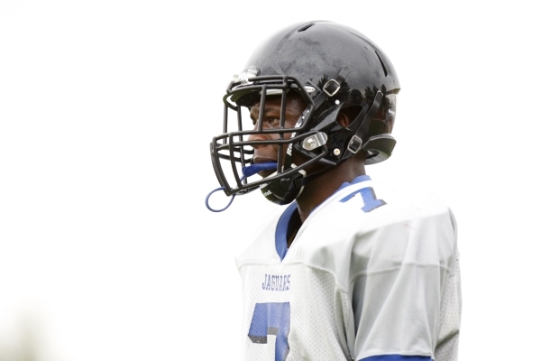 Desert Pines Isaiah Morris (7) stands on the field during football practice at Desert Pines ...