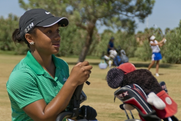 Aubrianna Jordan, a member of the Rancho High School golf team, prepares for a shot at The L ...
