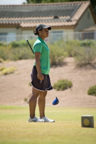 Aubrianna Jordan, a member of the Rancho High School golf team, prepares to tee off at The L ...
