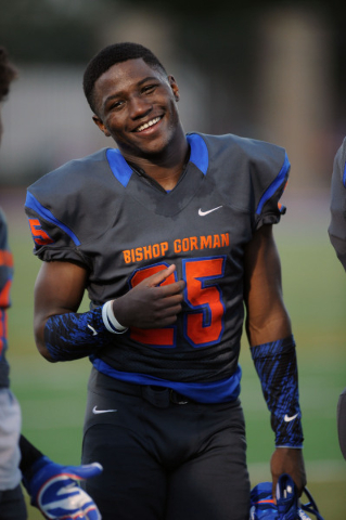 Bishop Gorman wide receiver/defensive back Tyjon Lindsey (25) is seen before the start of th ...
