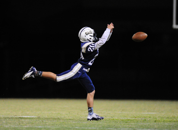 Spring Valley Grizzlies wide receiver Anthony Venegas (20) is unable to come up with the cat ...