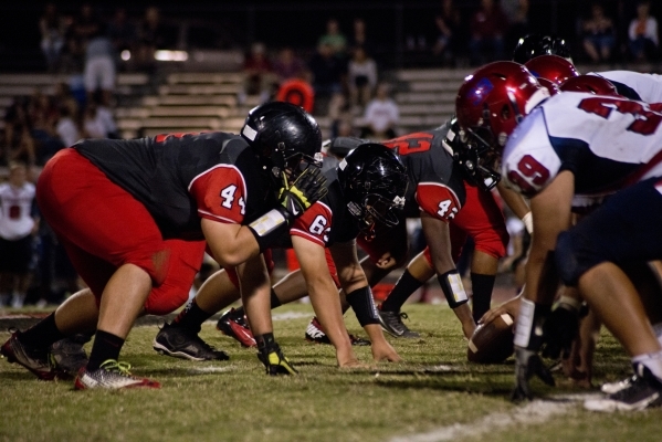 Las Vegas High School&lsquo;s defense lines up in front of Coronado High School&lsquo;s Offe ...