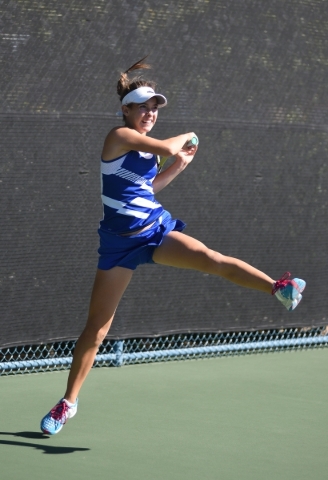 Angelique Friedrich, 14, of Bishop Gorman High School hits the ball during the Sunset region ...