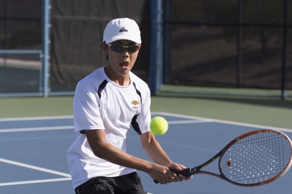 Justin Ong of Ed W. Clark High School plays against South Tahoe High School during the Divis ...
