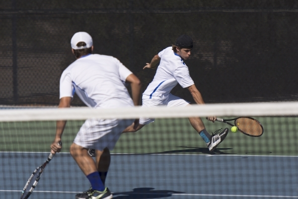 Skylar Davidson, right, and Sam Sholeff of Bishop Gorman High School plays against Coronado ...