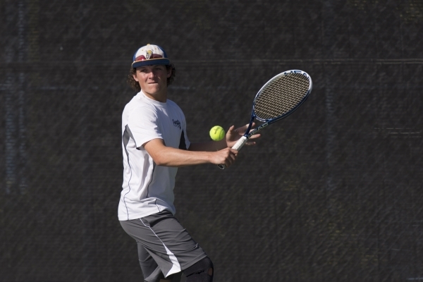 Koby Frei of Moapa Valley High School plays against Ed W. Clark High School during the Divis ...