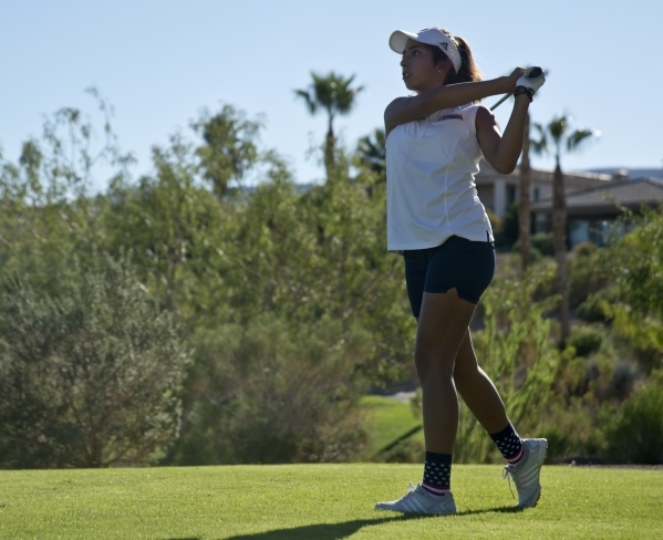 Victoria Estrada, of Coronado High School, hits her ball during the Sunrise Region golf tour ...