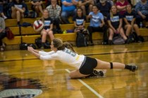 Hayley Huntsman of Bonanza dives for a ball during a volleyball match against Centennial Hig ...