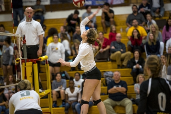 Hayley Huntsman of Bonanza spikes the ball during a volleyball match against Centennial High ...