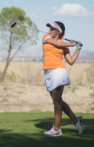 Danielle Oberlander of Bishop Gorman High School hits her ball during the girls state champi ...