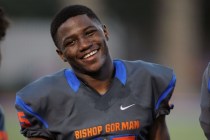 Bishop Gorman wide receiver/defensive back Tyjon Lindsey (25) is seen before the start of th ...