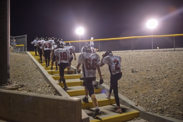 Mountain View Christian High School football players prepare to take the field after halftim ...