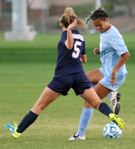 Shadow RidgeÃ­s Danika Shupe, left, looks to steal the ball from CentennialÃ­s Kellsey M ...